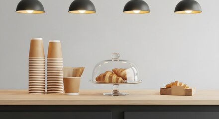 Minimalist cafe counter with fresh croissants and paper cups under modern pendant lights