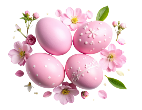 Soft Pink Easter Eggs with Spring Floral Décor – isolated on transparent background