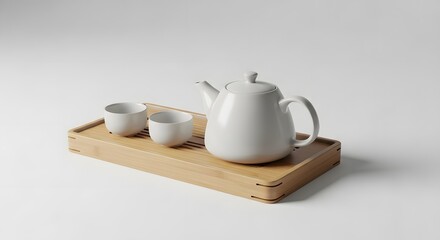 Minimalist white ceramic tea set with teapot and cups on a wooden tray isolated on white