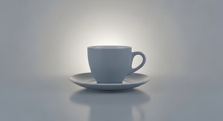 Minimalist white coffee cup and saucer under a spotlight on a clean reflective surface