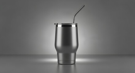 Modern dark metal insulated tumbler with reusable straw on a reflective gray background
