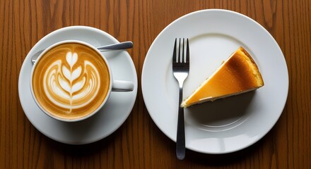 Overhead view of coffee with latte art and a slice of cheesecake on a wooden table