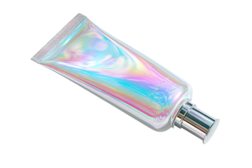 An iridescent tube with a silver cap on a black background, casting light reflections