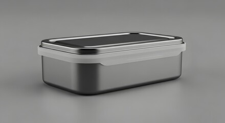 Reusable metal food storage container with airtight lid isolated on a gray background