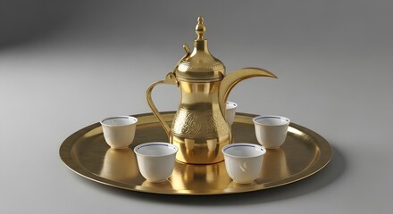 Traditional golden arabic coffee pot dallah with cups on a tray isolated on a plain background