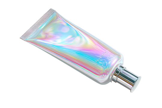 An iridescent tube with a silver cap on a black background, casting light reflections