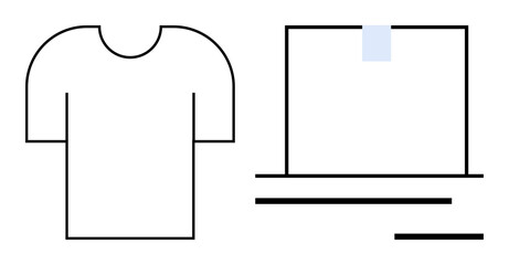 T-shirt outline next to a laptop with a minimalistic style. Ideal for e-commerce, tech setups, branding, fashion, productivity, online shopping, and digital innovation. Simple flat metaphor