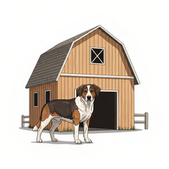 Farm dog standing proudly beside a wooden barn on a white background, copy space
