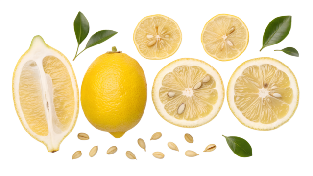 Horizontal Collage of Assorted Lemon Slices, Whole Lemons, and Various Fruit Details Isolated on a White Background