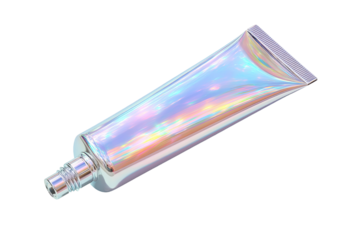 A holographic, metallic tube of product, angled, with a black background