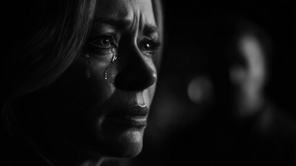 A woman shows strong emotions, with a tear rolling down her cheek. The scene is in black and white, creating a dramatic atmosphere. In the background, a shadowy figure hints at tension.