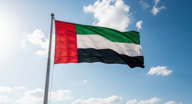 The flag of the united arab emirates waves proudly against a bright blue sky with scattered clouds