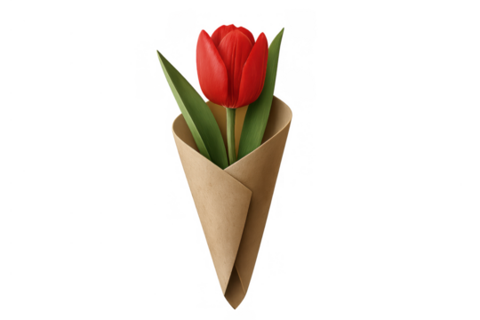 Single red tulip bouquet in a brown paper cone, symbolizing love, spring, and appreciation, transparent background