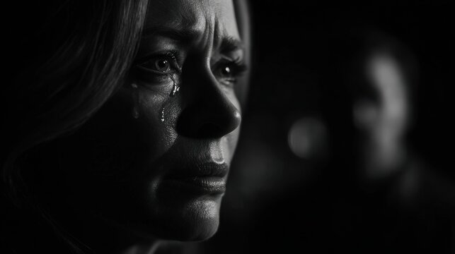 A woman shows strong emotions, with a tear rolling down her cheek. The scene is in black and white, creating a dramatic atmosphere. In the background, a shadowy figure hints at tension.