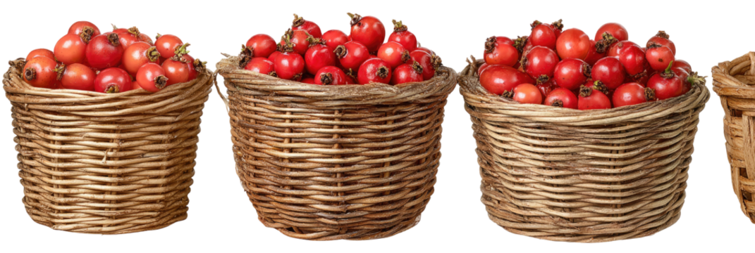 Several woven baskets brimming with ripe, red fruit, lined up against a clean background