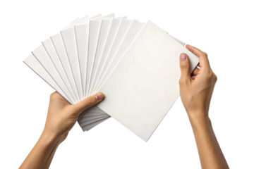 Pair of Hands Holding a Fan of Blank White A4 or Letter Sized Paper Sheets Isolated on a Transparent White Background
