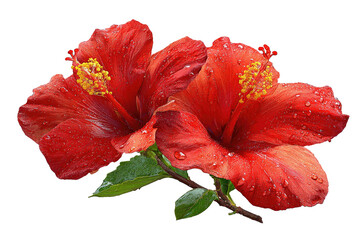 Two vibrant, wet red flowers with prominent yellow stamens, set against a black background