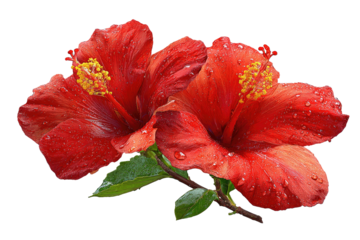 Two vibrant, wet red flowers with prominent yellow stamens, set against a black background