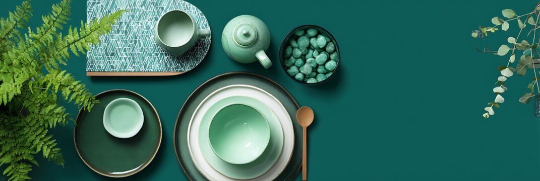 Contemporary table flat lay with mint green accents and ceramic details