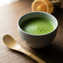 Cup of matcha tea with a wooden spoon and whisk on a wooden table creating a serene atmosphere