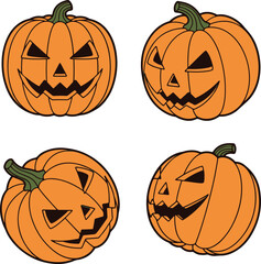 A vector illustration set of four cartoon jack-o'-lanterns, each with a unique, spooky carved face and an evil grin. 