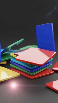 Stack of Colorful Square Cards Floating In Studio With Lens Flare