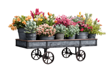 An antique metal cart overflowing with colorful, potted flowers and greenery