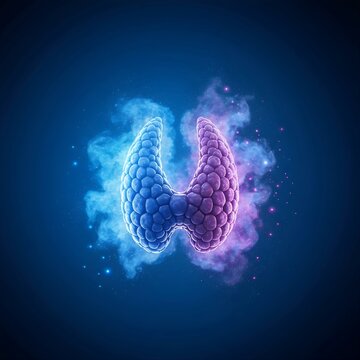 A human thyroid gland dissolving into a swirl of blue and purple smoke and glowing dust particles, set against a deep blue microscopic background, symbolizing thyroid damage or disease. Cinematic macr