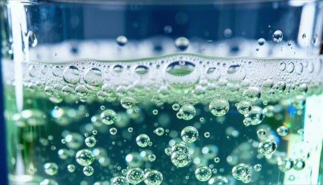 carbonated drink fizzing with micro bubbles in close up glass, refreshing look, seamless slow motion beverage advertisement, cool water texture detail
