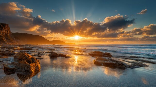 A vibrant sunset paints the sky with warm colors, casting reflections on the wet sand. Waves gently lap against the rocky shoreline, creating a serene atmosphere at dusk. - Powered by Adobe