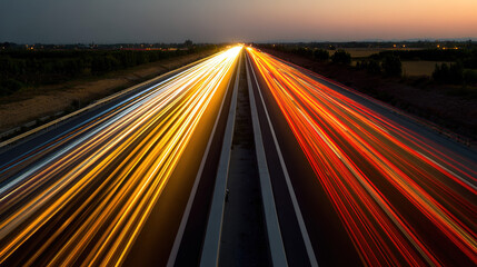 Obraz premium motorway. Sunset motorway with dynamic light streaks and a warm atmospheric dusk glow. inspiring travel planning, mobility guides, designed for mobility and urban transit guides. 