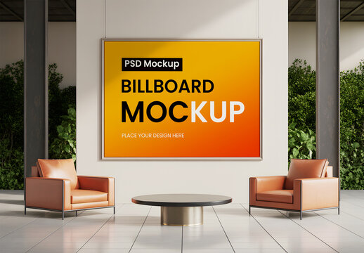 Indoor Billboard Mockup in Lobby with Chairs