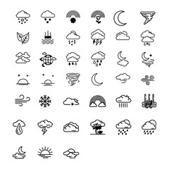 Fototapeta premium Minimalist Weather line icon set with editable stroke, featuring hail, snow, ranbow, seasons, heat wave, humadity, storm, cloudy, climate, rainy, night, fog, sunset, tornado, moon, wind