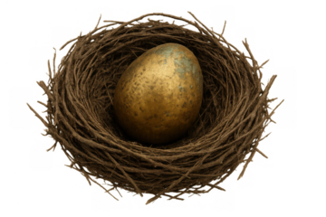 Golden egg resting inside a natural bird nest, symbolizing wealth, savings, investment, and financial security on transparent background