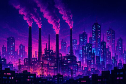 Industrial cityscape with vibrant neon colors and pollution in the night sky - Powered by Adobe