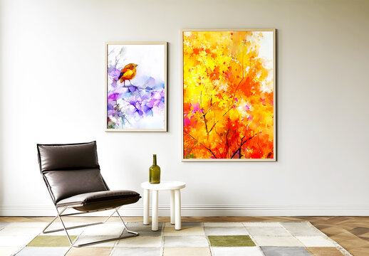Interior Wall Mockup with Two Abstract Art Prints