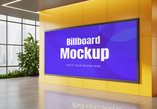 Indoor Horizontal Billboard Mockup with Purple Screen