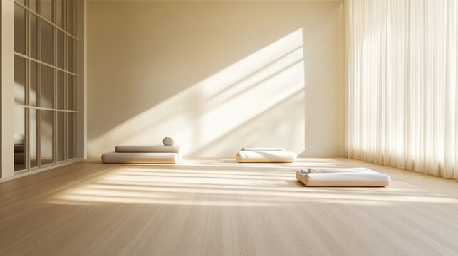 Sunlit yoga room with mats and cushions