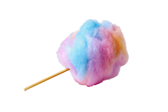 A vibrant, fluffy cloud of spun sugar on a stick, isolated against a stark black background