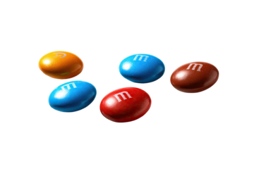 Five colorful, candy-coated chocolates with "M" imprinted on them are isolated on black