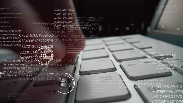 Man working on laptop computer keyboard with graphic user interface GUI hologram showing concepts of big data science technology, digital network connection and computer programming algorithm. Glean
