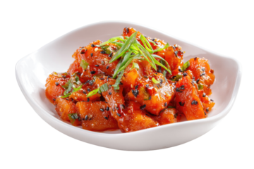 Appetizing dish of orange-red food with black sesame seeds, green garnish in white bowl