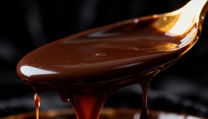chocolate sauce pouring smoothly on dark background, rich liquid texture, slow motion food commercial, seamless abstract flow visual