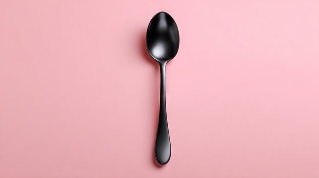 Black spoon on pastel pink background minimal kitchen utensil flat lay for modern food styling mockup cooking blog header and social media design