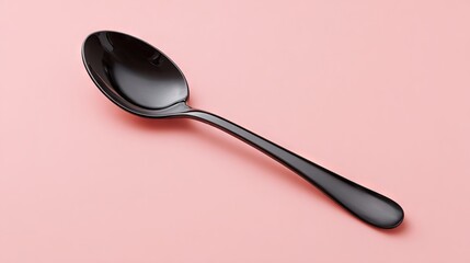 Black spoon on pastel pink background minimal kitchen utensil flat lay for modern food styling mockup cooking blog header and social media design