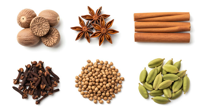 Variety of spices nutmeg star anise cinnamon cloves coriander cardamom