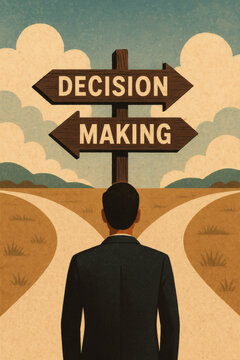 A man at a crossroads under a sign that says "Decision Making," symbolizing choices and paths in life with a retro, stylized aesthetic.