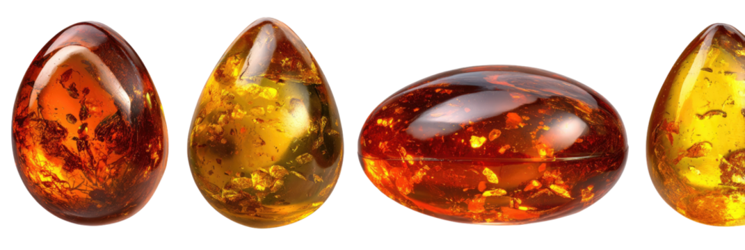 Four polished amber gemstones with varied shapes and inclusions against a black backdrop