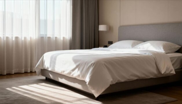 clean bedroom interior with fresh linens, neutral tones, serene home design and modern comfortable lifestyle visual, real estate concept