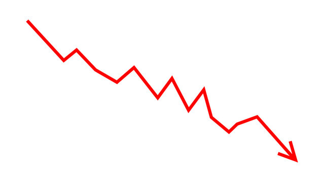 Red down fall fluctuated arrow graph line chart concept of stock market business loss, company bankrupt, business crash, business risk, business fall, financial loss. Vector illustration.